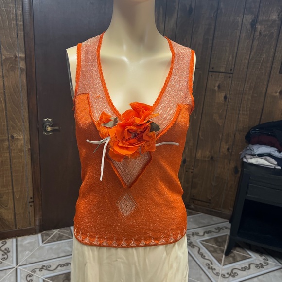 Dolce&Gabbana orange lurex sleeveless top with large flower pin, size S,good - Picture 2 of 11